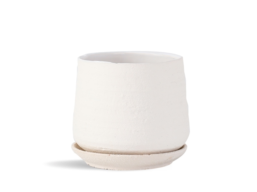[IP-DA2250SMW-B-C4] HAND ROLLED POT WITH ATTACHED SAUCER, SAND MILKY WHITE, 6.5"X6.5", CASE OF 4