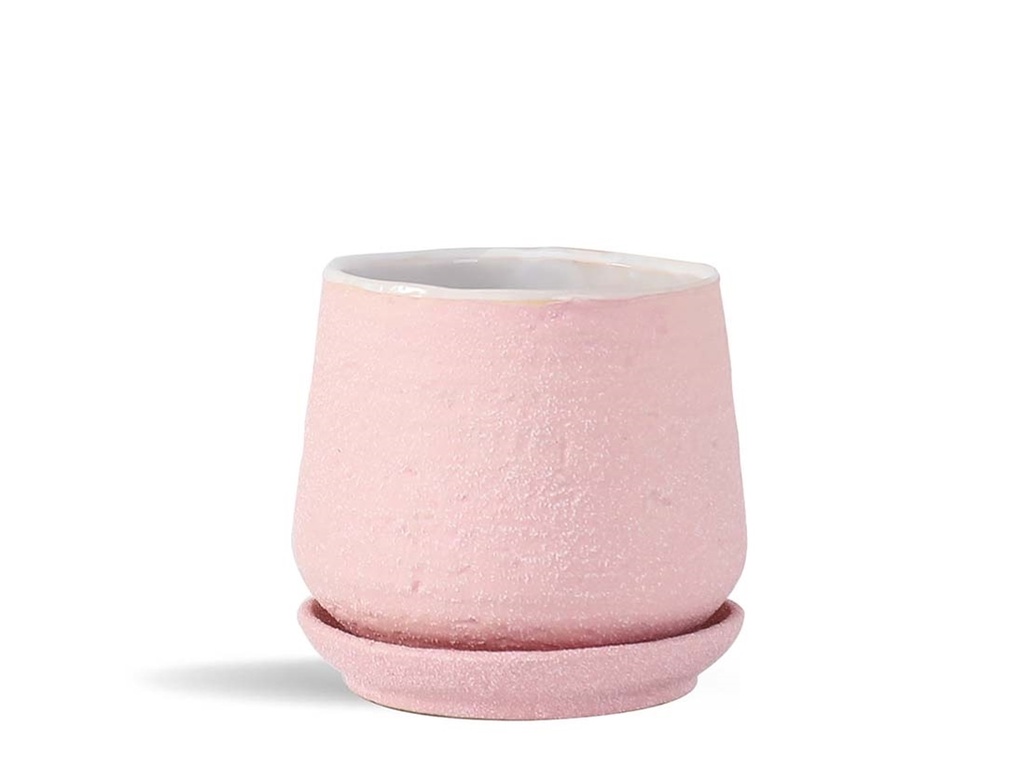 HAND ROLLED POT WITH ATTACHED SAUCER, SAND PINK, 8.0"X7.5", CASE OF 2