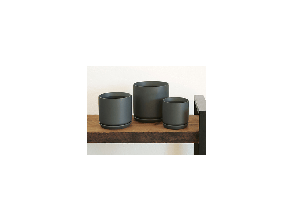 CYLINDER WITH ATTACHED SAUCER, MATTE COOL GREY, 7.0"X6.5", SOLD IN CASE OF 4