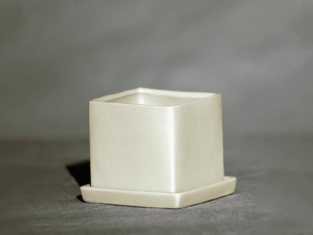 [IP-MD2064MLG-C12] CUBE POT WITH DETACHED SAUCERS,MATTE GREY GREEN, 4.5"x3.5",  SOLD IN CASE OF 12