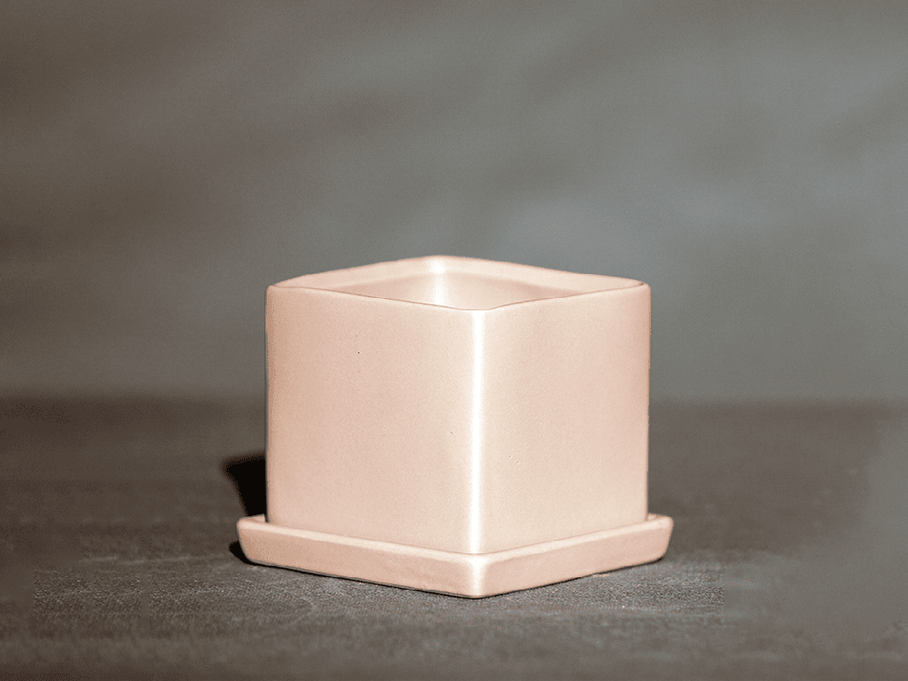 CUBE POT WITH DETACHED SAUCERS, MATTE PINK, 4.5"x3.5", SOLD IN CASE OF 12