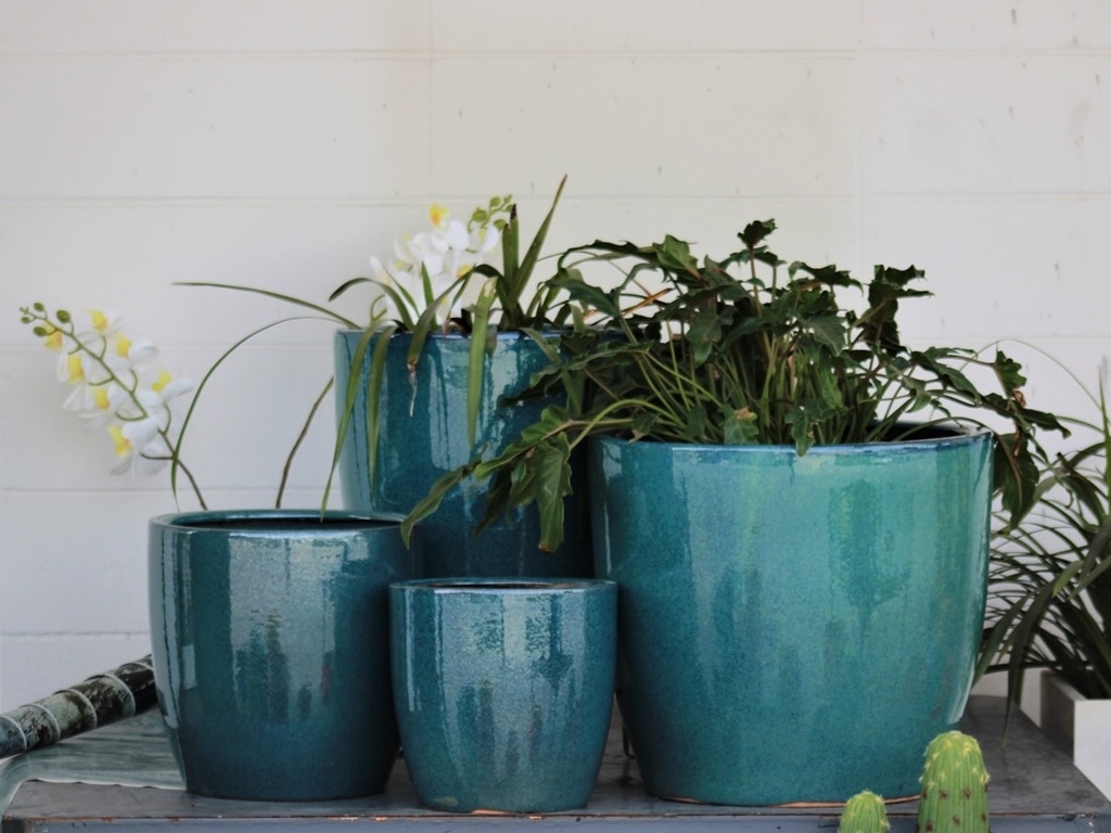 [PC-3502MGR-S4] FIDDLE LEAF TREE PLANTER, MARINA GREEN, SET OF 4- 19"X17" 16"X16" 13"X13", 10.5"X10.5"