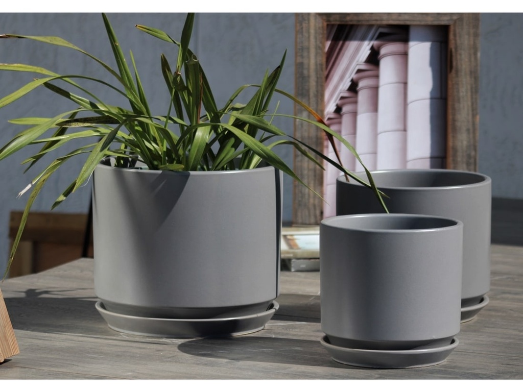 LARGE COMET PLANTER  WITH ATTACHED SAUCER, HEATHER GREY, SET OF 3- 12"X10" 10"X8.5" 8"X8"