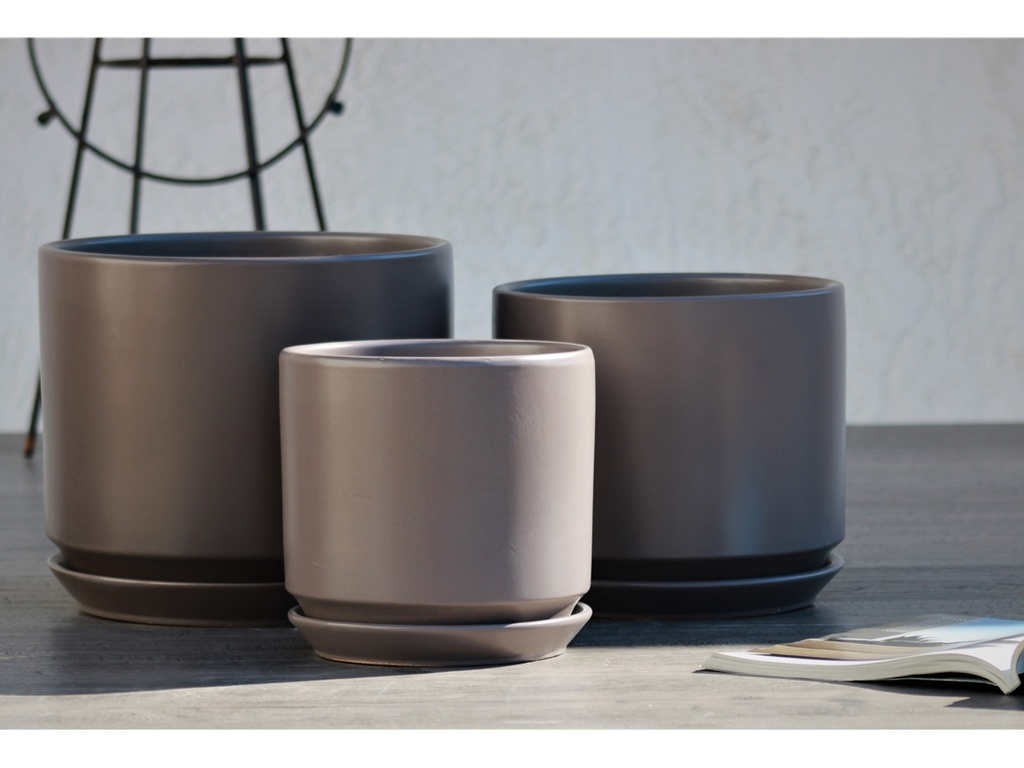 LARGE COMET PLANTER WITH ATTACHED SAUCER, PASTEL TAUPE, SET OF 3- 12"X10" 10"X8.5" 8"X8"