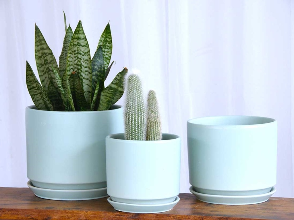 LARGE COMET PLANTER  WITH ATTACHED SAUCER, TILT GREEN, SET OF 3- 12"X10" 10"X8.5" 8"X8"