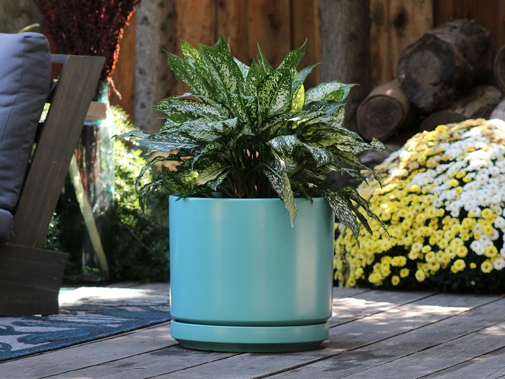 [PC-D3250AMS-C] MID MODERN PLANTER WITH DETACHED SAUCER, AQUA MARIN SATIN, 12.0"X10.5", 12.0"X2.5"