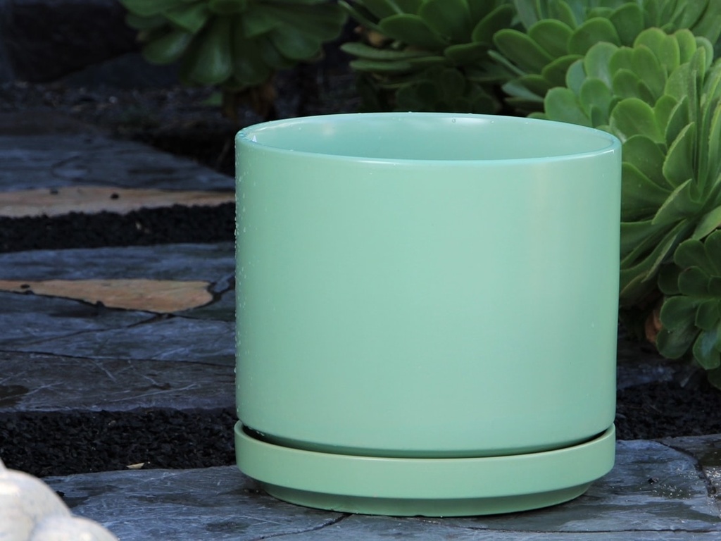 MID MODERN PLANTER WITH DETACHED SAUCER, TEA GREEN SATIN, 12.0"X10.5", 12.0"X2.5"