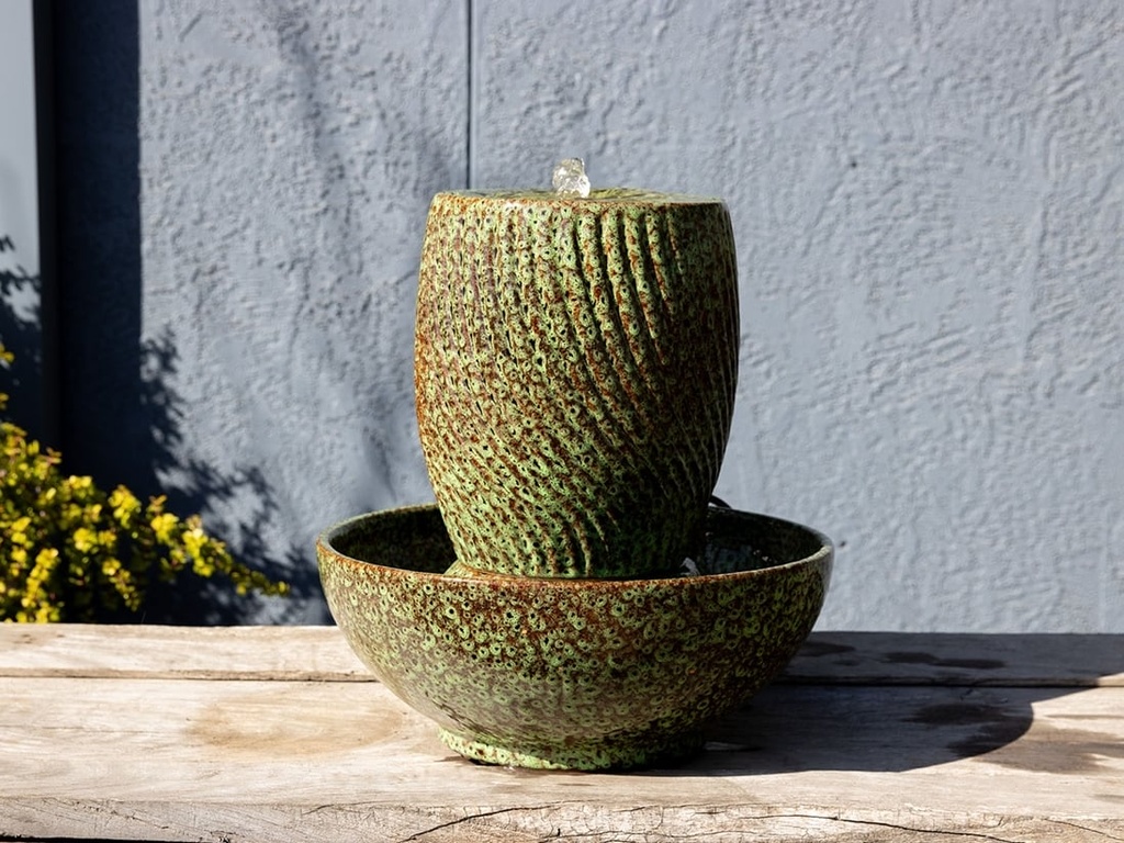 SUNSET TWIST JAR FOUNTAIN, PEAKCOCK GREEN, 10.5"x13" (Base 17.5"x7.5")