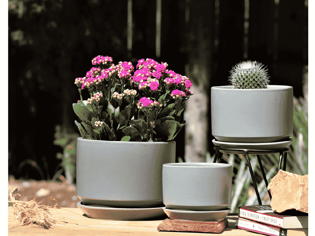 [PC-I3005HGY-S3-C2] COMET PLANTER WITH ATTACHED SAUCER, HEATHER GREY, 8.0"x6.5"  6.5"x5.5"  5.0"x4.5", SOLD IN CASE OF 2