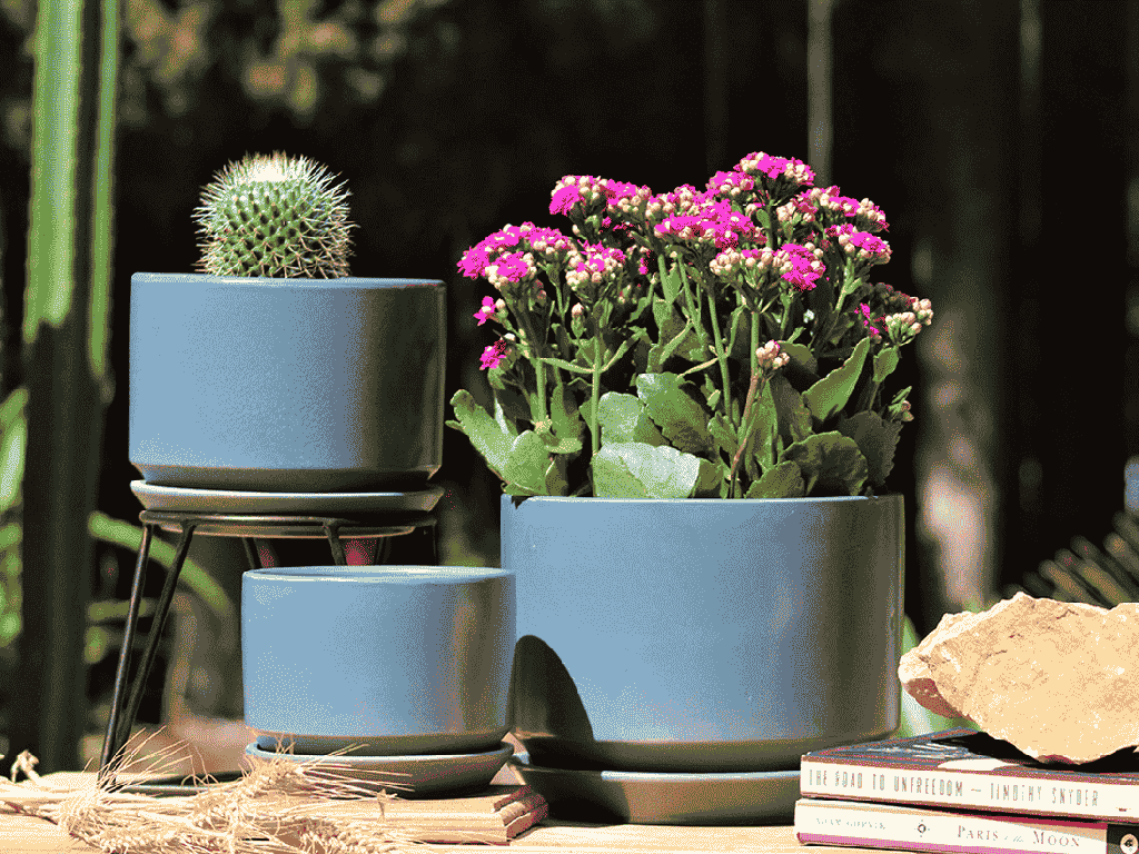 [PC-I3005TBL-S3-C2] COMET PLANTER WITH ATTACHED SAUCER, TWILIGHT BLUE, 8.0"x6.5"  6.5"x5.5"  5.0"x4.5", SOLD IN CASE OF 2