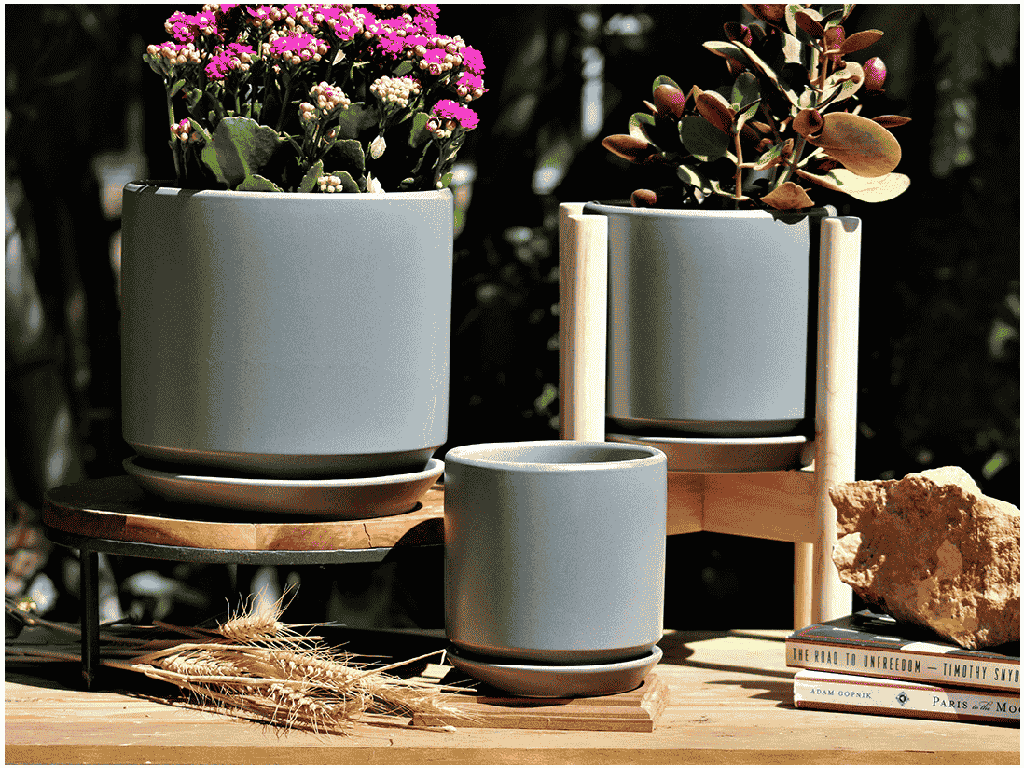 [PC-I3006HGY-S3-C2] VENUS PLANTER WITH ATTACHED SAUCER, HEATHER GREY, 8.5"x7.5" 6.5"x6.5" 5.5"x5.0", SOLD IN CASE OF 2