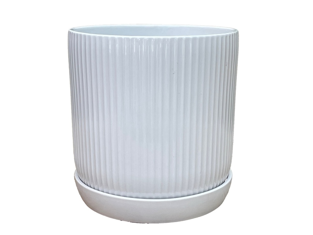 FLUTED CYLINDER PLANTER WITH ATTACHED SAUCER, BRIGHT WHITE, 5.0"x5.5", SOLD IN CASE OF 8