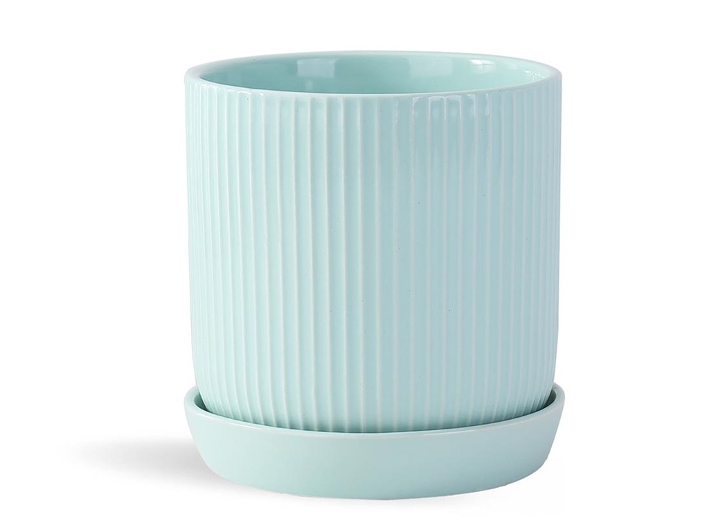 [PD-I6087PLG-B-C4] FLUTED CYLINDER PLANTER WITH ATTACHED SAUCER, PASTEL GREEN, 9.0"x 9.5", SOLD IN CASE OF 4