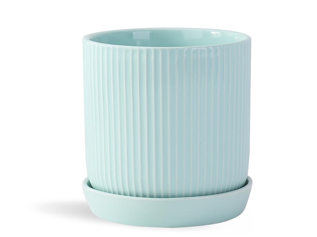 [PD-I6087PLG-C-C6] FLUTED CYLINDER PLANTER WITH ATTACHED SAUCER, PASTEL GREEN, 7.0"x 7.5", SOLD IN CASE OF 6