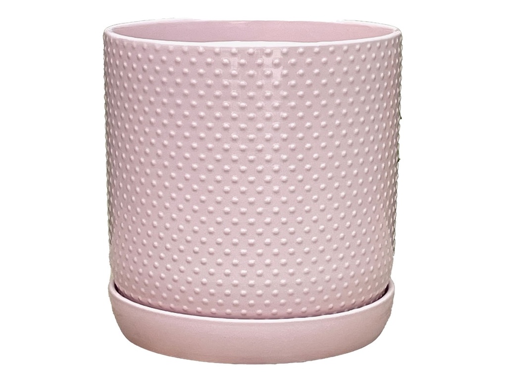 DOTTED CYLINDER PLANTER WITH ATTACHED SAUCER, PASTEL BABY PINK, 7.0"x 7.5", SOLD IN CASE OF 6