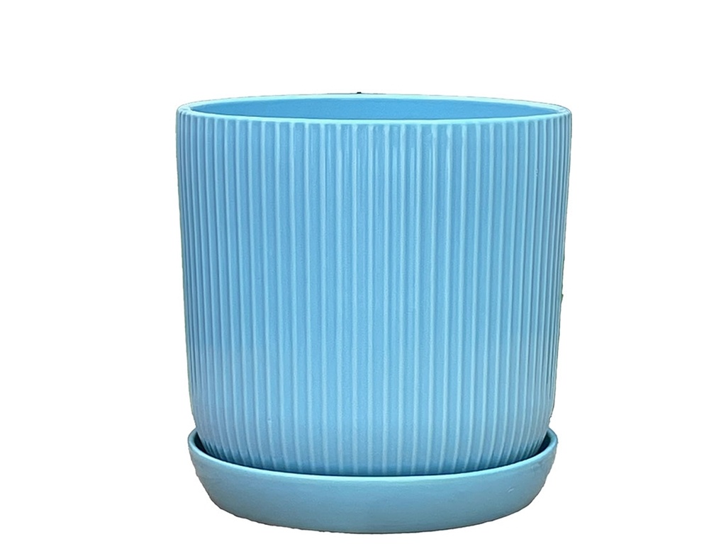 [PD-I6088PLB-A-C2] DOTTED CYLINDER PLANTER WITH ATTACHED SAUCER, PASTEL LIGHT BLUE, 11"x11.5", SOLD IN CASE OF 2