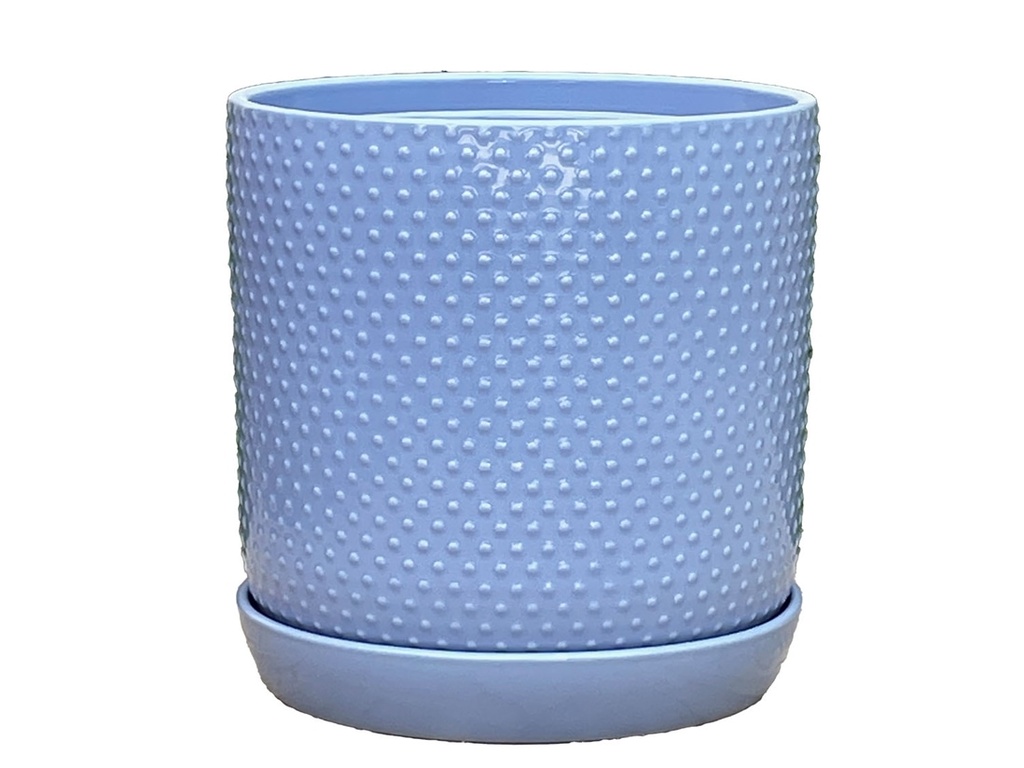 DOTTED CYLINDER PLANTER WITH ATTACHED SAUCER, PASTEL LAVENDER, 7.0"x 7.5", SOLD IN CASE OF 6