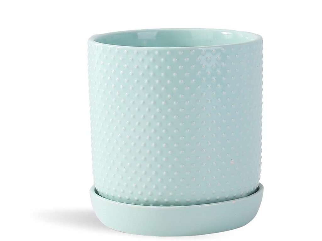 [PD-I6088PLG-A-C2] DOTTED CYLINDER PLANTER WITH ATTACHED SAUCER, PASTEL GREEN, 11"x11.5", SOLD IN CASE OF 2