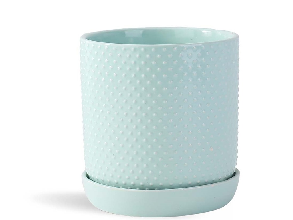 [PD-I6088PLG-B-C4] DOTTED CYLINDER PLANTER WITH ATTACHED SAUCER, PASTEL GREEN, 9.0"x 9.5", SOLD IN CASE OF 4