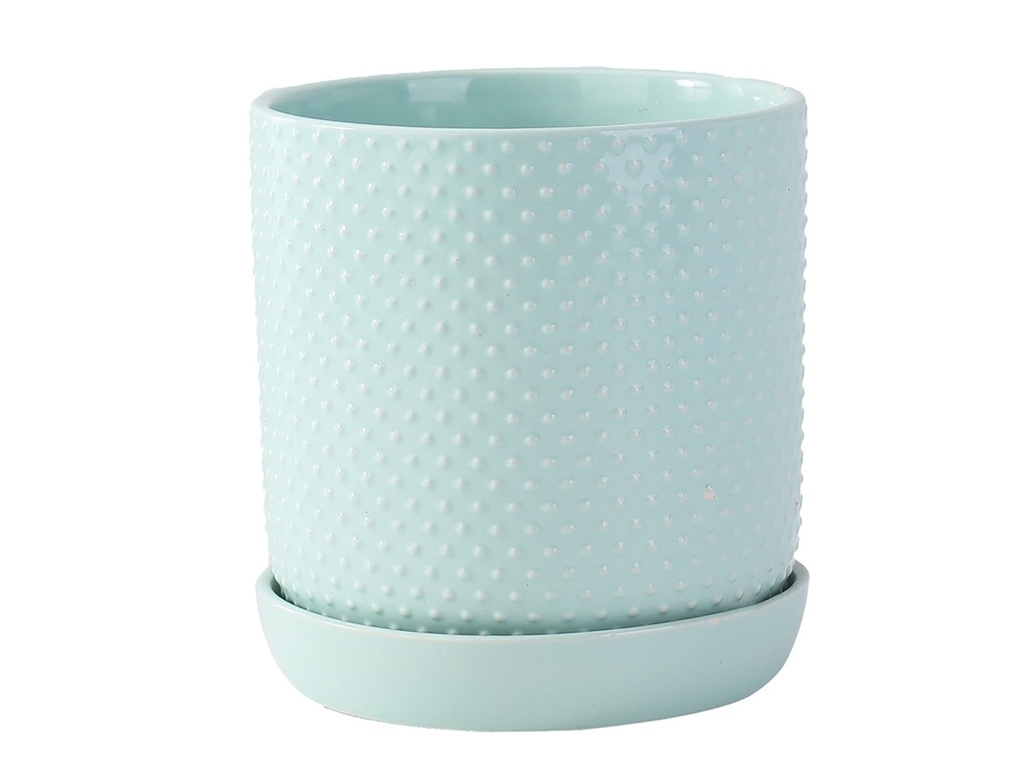 [PD-I6088PLG-D-C8] DOTTED CYLINDER PLANTER WITH ATTACHED SAUCER, PASTEL GREEN, 5.0"x5.5", SOLD IN CASE OF 8