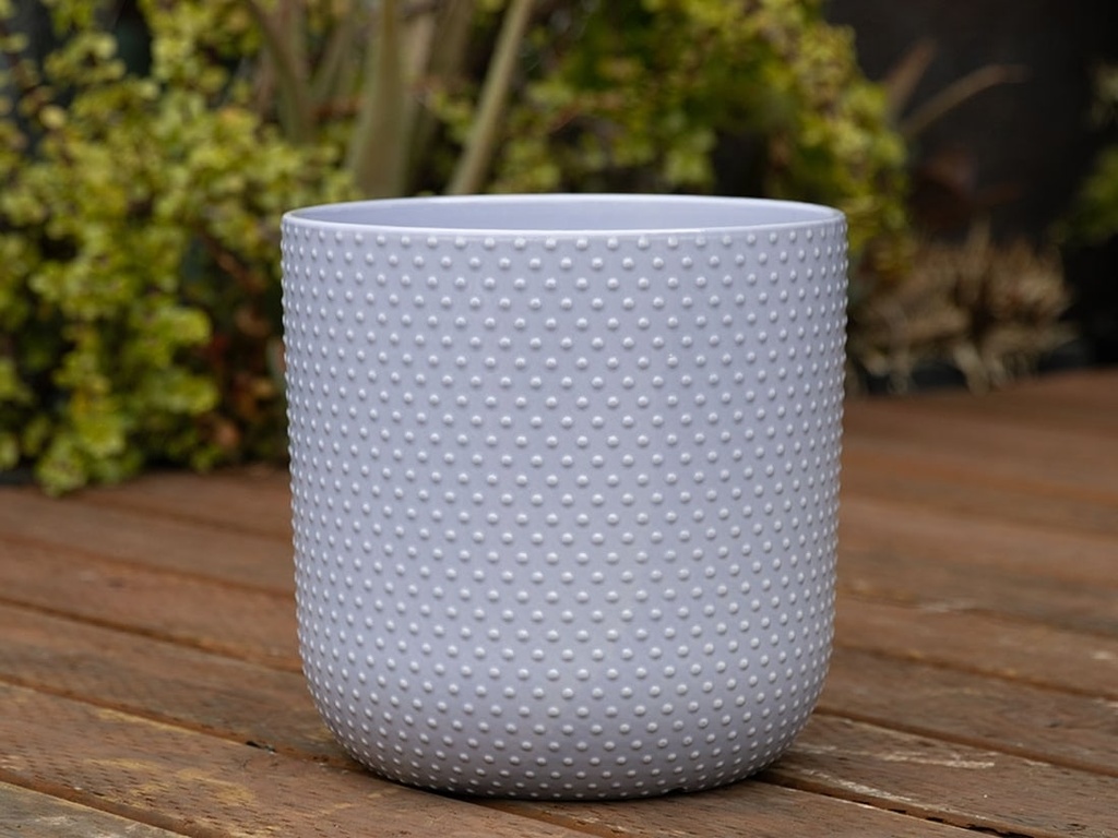 DOTTED CYLINDER PLANTER (NO SAUCER), PASTEL LAVENDER, 11"X11.5", SOLD IN CASE OF 2