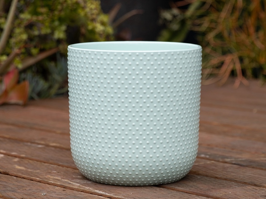 [PD-T6088PLG-A-C2] DOTTED CYLINDER PLANTER (NO SAUCER), PASTEL GREEN, 11"X11.5", SOLD IN CASE OF 2