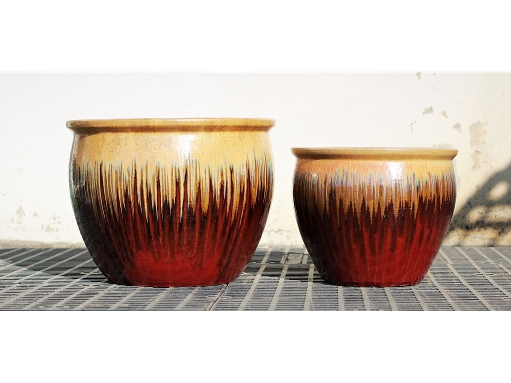 [PF-9058GOX-S3] FISHBOWL GARDEN PLANTER, GOLD ON OX RED, SET OF 3- 15.5"X14", 12"X11.5", 8.5"X9.5"