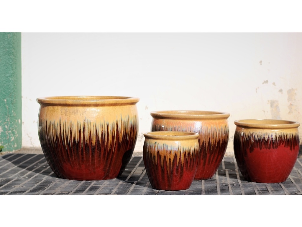 FISHBOWL GARDEN PLANTER, GOLD ON OX RED, 19.5"X15.5", 15.5"X14", 12"X11.5", 8.5"X9.5"