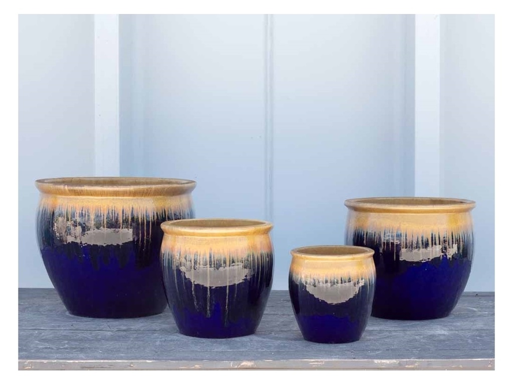 FISHBOWL GARDEN PLANTER, GOLD ON COBALT, 19.5"X15.5", 15.5"X14", 12"X11.5", 8.5"X9.5"