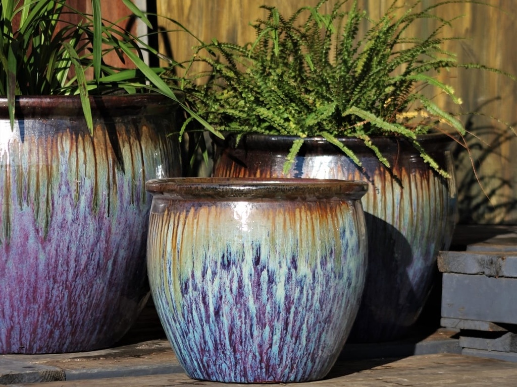 [PF-9058RVL-S4] FISHBOWL GARDEN PLANTER, RED COPPER ON VIOLET, SET OF 4- 19.5"X15.5", 15.5"X14", 12"X11.5", 8.5"X9.5"