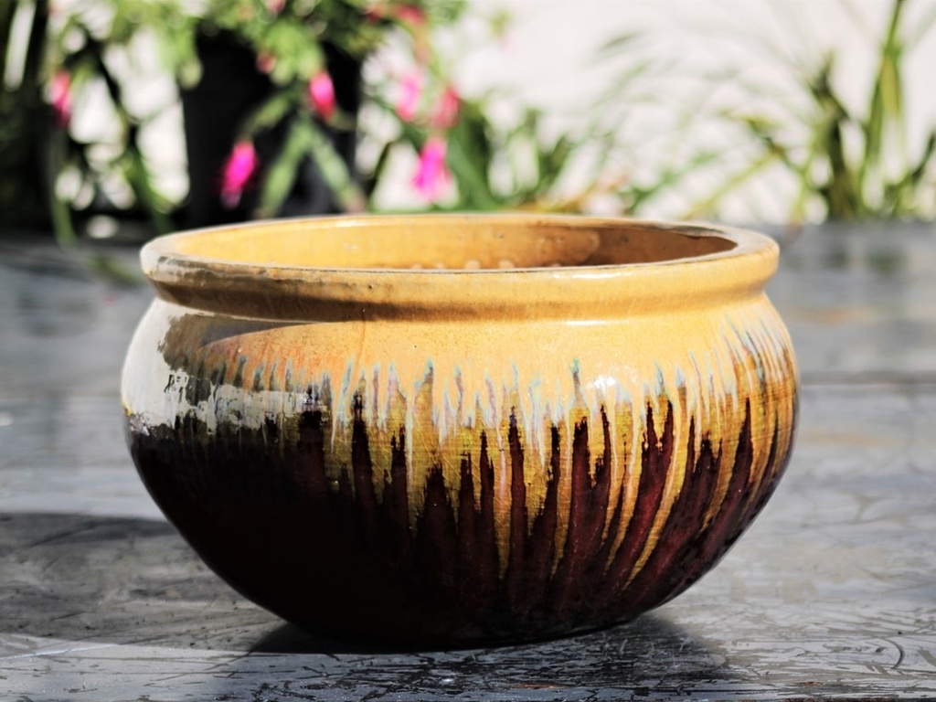 [PF-9073GOX-S3] LOW FISHBOWL PLANTER, GOLD ON OX RED, SET OF 3- 20.0"X15.0", 15.5"X9", 11.5"X6.5",