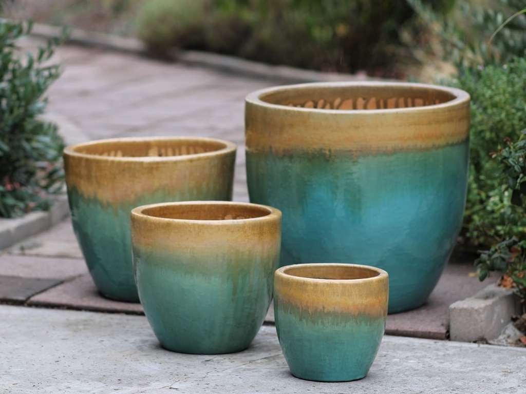 MANDEVILLA TAPERED PLANTER, GOLD ON TURQUOISE, SET OF 4- 18"X17.5", 15"X12.5", 11.5"X10.5", 7.5"X6.5"