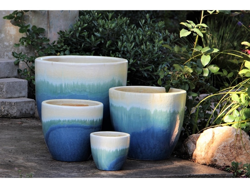 MANDEVILLA TAPERED PLANTER, PEARL ON SEA FOAM BLUE, SET OF 4- 18"X17.5", 15"X12.5", 11.5"X10.5", 7.5"X6.5"