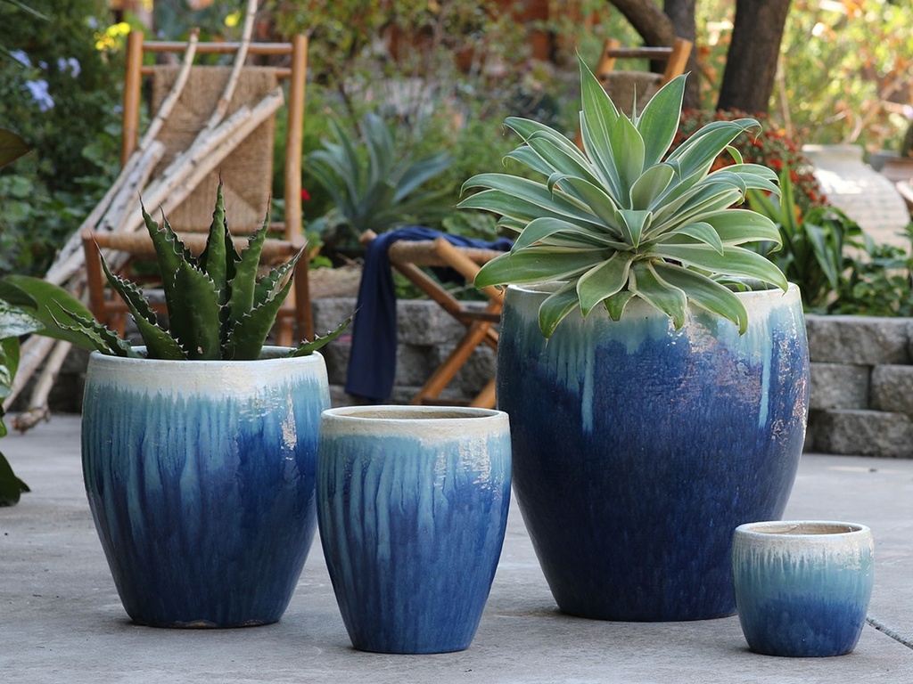 VICTORIA AGAVE PLANTER, PEARL ON SEA FOAM BLUE, SET OF 4- 19.5"X21", 15.5"X16.5", 11"X12.5", 8"X7"
