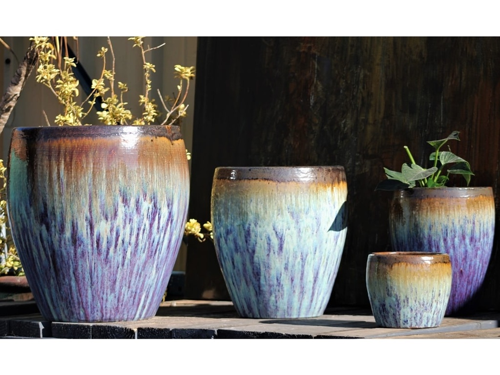 [PF-9270RVL-S4] VICTORIA AGAVE PLANTER, RED COPPER ON VIOLET, 19.5"X21", 15.5"X16.5", 11"X12.5", 8"X7"