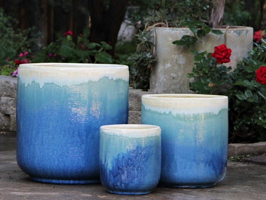 LANTANA PLANTER, PEARL ON SEA FOAM BLUE, SET OF 3- 19.5"X19.5", 14.5"X15.5", 10"X11"