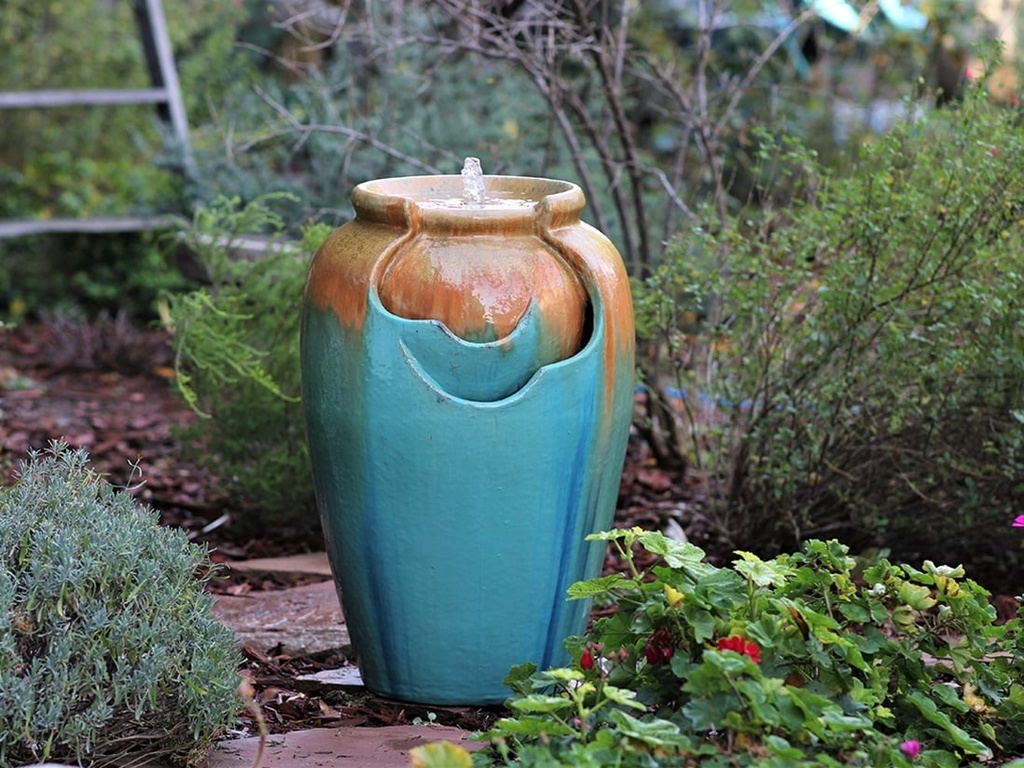 [PF-FTN09GTQ-D] TEA GARDEN FOUNTAIN, SELF CONTAINED, GOLD ON TURQUOISE, SIZE D, 15.0"x23.0" (PUMP INCLUDED)
