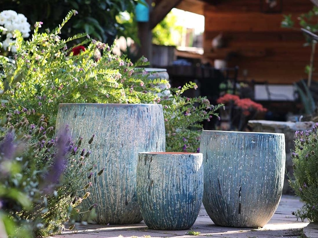 TREE TRUNK PLANTER, AEGEAN BLUE, SET OF 3- 22"X23.5", 17"X18.5", 12.5"X14"