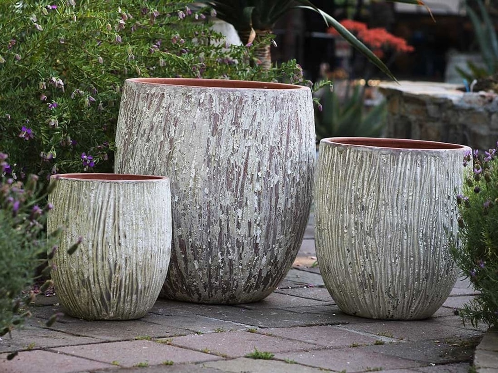 TREE TRUNK PLANTER, AEGEAN WHITE, SET OF 3- 22"X23.5", 17"X18.5", 12.5"X14"