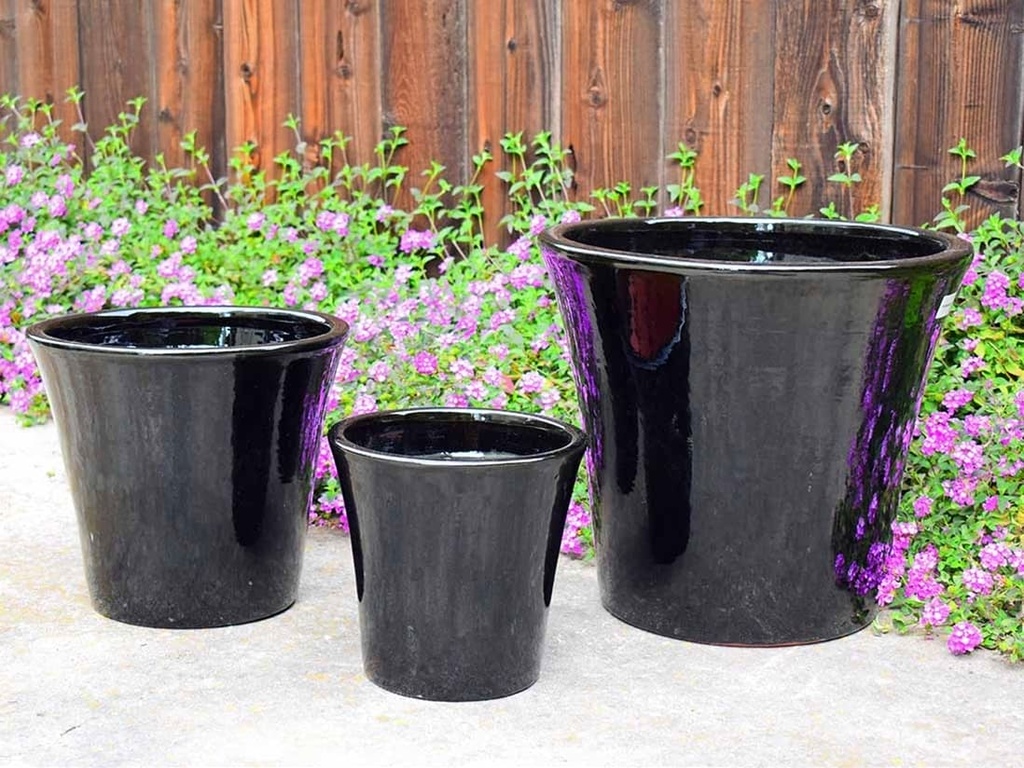 [PV-CG803BLK-S3] LOW TAPERED GARDEN POTS, BLACK, SET OF 3 - 18"X16", 14"X13", 10"X9"