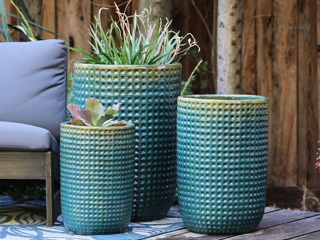 TALL WAFFLE PLANTER, TURQUOISE GREEN,  SET OF UP, 16.5"X23.5", 13.5"X19.5", 10.5"X15.5"