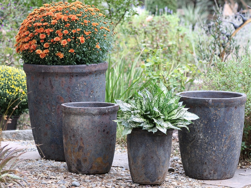 TALL GARDEN POT, CORAL RUST, SET OF 4-23.5" X27", 19.5"X21.5", 15.5"X17.0", 11.5"X13.5"