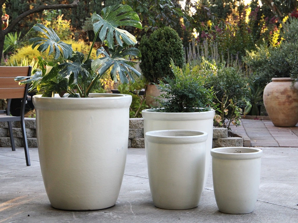 TALL GARDEN POTS, WHITE SATIN, SET OF 4-23.5"X27.0", 19.5"X21.5", 15.5"17.0", 11.5"X13.5"