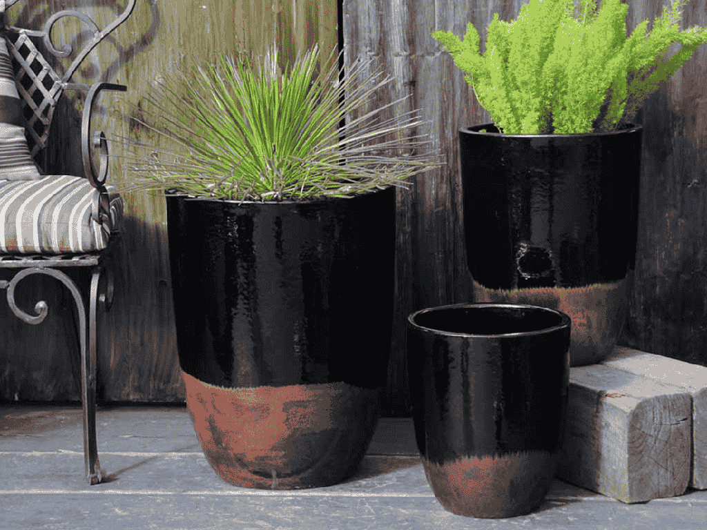 TALL MILANO CONE PLANTERS, BLACK ON COPPER,  SET OF 3-  17"X23", 13"X18", 11"X14"