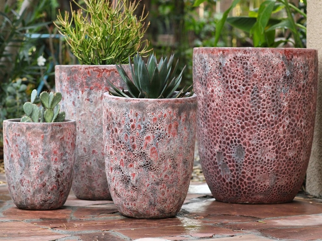 [PV-CG849CRR-S4] TALL MILANO CONE PLANTERS, CORAL REEF RED, SET OF 4- 21.5"X27.0", 17"X23", 13"X18", 11"X14