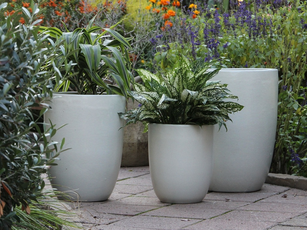 TALL MILANO CONE PLANTERS, WHITE SATIN, SET OF 3-17"X23", 13"X18", 11"X14"