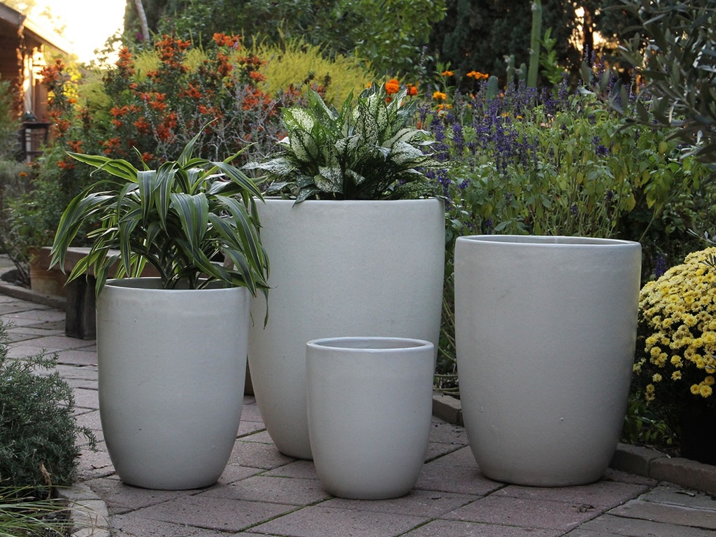 TALL MILANO CONE PLANTERS, WHITE SATIN, SET OF 4-21.5"X27.0", 17"X23", 13"X18", 11"X14