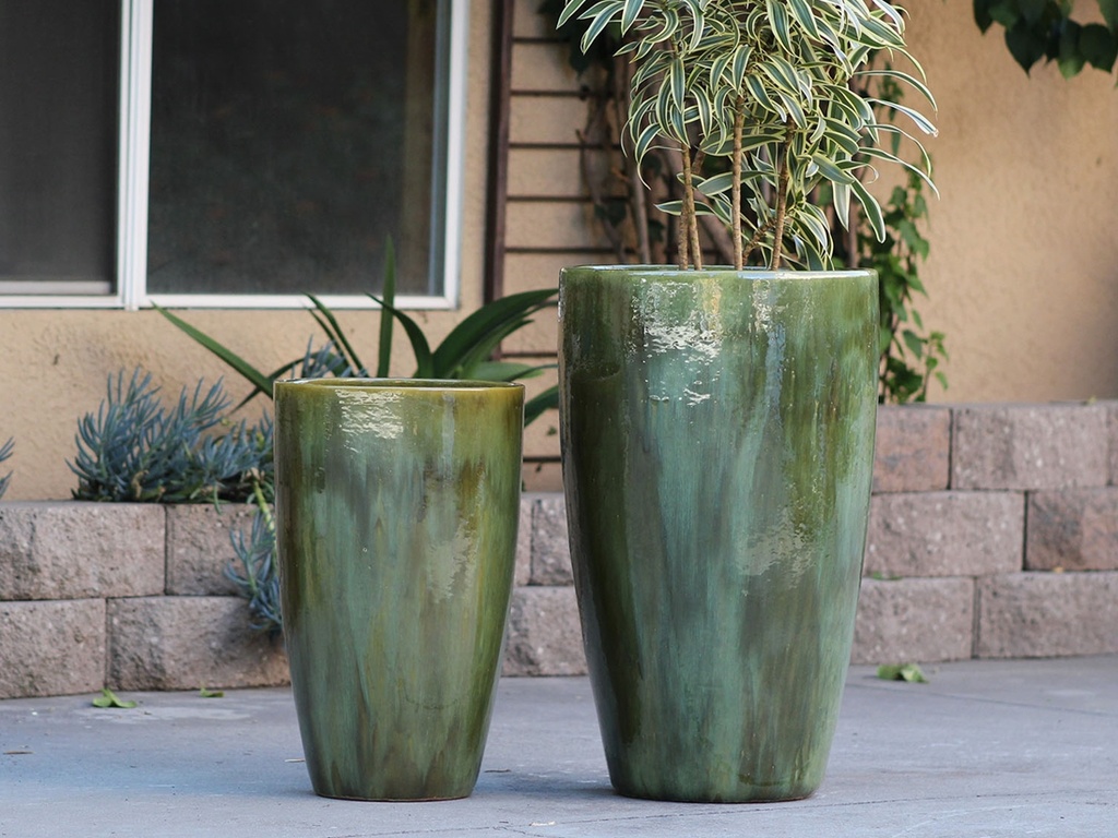 TALL CONE PLANTER, MOSS GREN, SET OF 2- 17.5"X27", 13"X22.5"