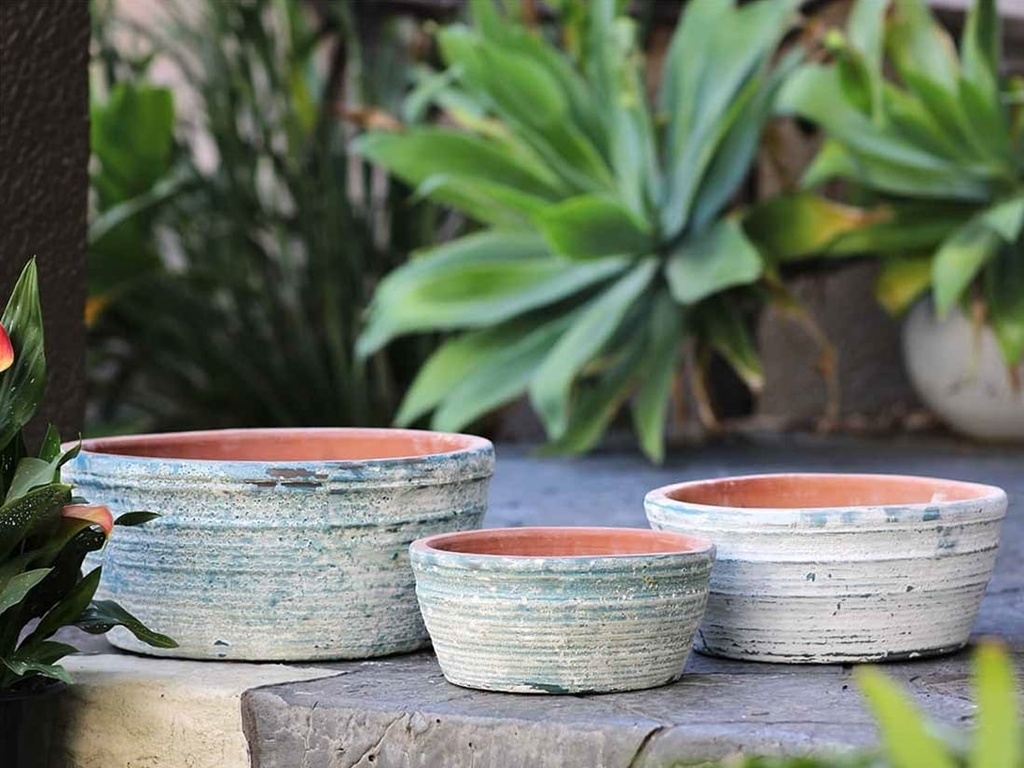 [PV-CGT3001AGB-S3] ENGLISH TUMBLED POTS LOW, AEGEAN BLUE, SET OF 3- 15.0" X 7.0", 13.0" X 6.0", 10.0" X 4.5"