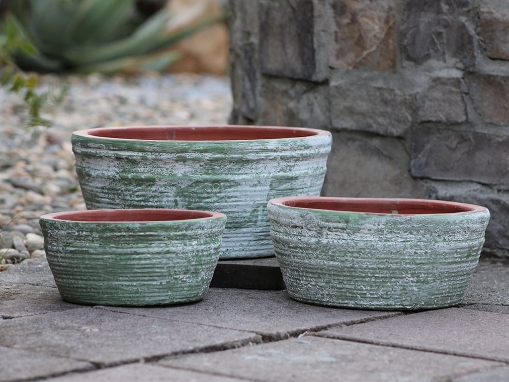 ENGLISH TUMBLED POTS LOW, AEGEAN GREEN, SET OF 3- 15.0" X 7.0", 13.0" X 6.0", 10.0" X 4.5"